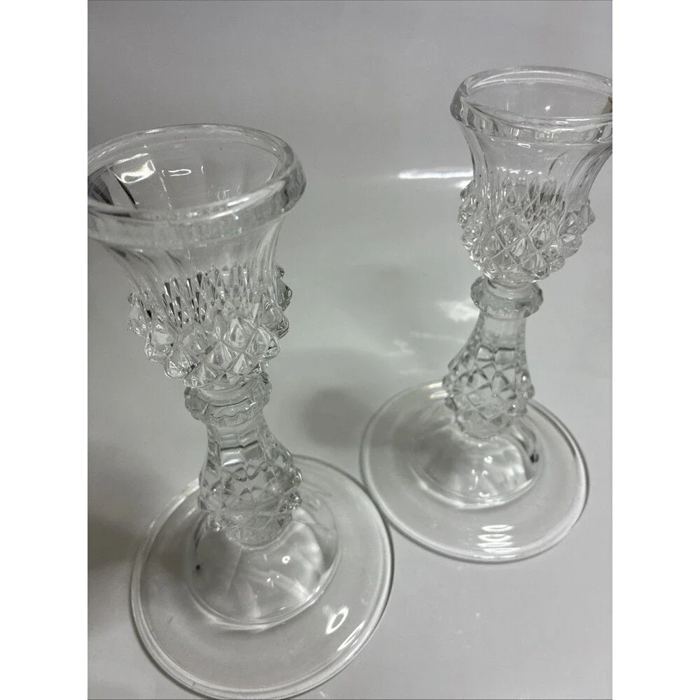 ELEGANT CRYSTAL CANDLE STICK HOLDERS~DIAMOND POINT STYLE~6.75 IN.